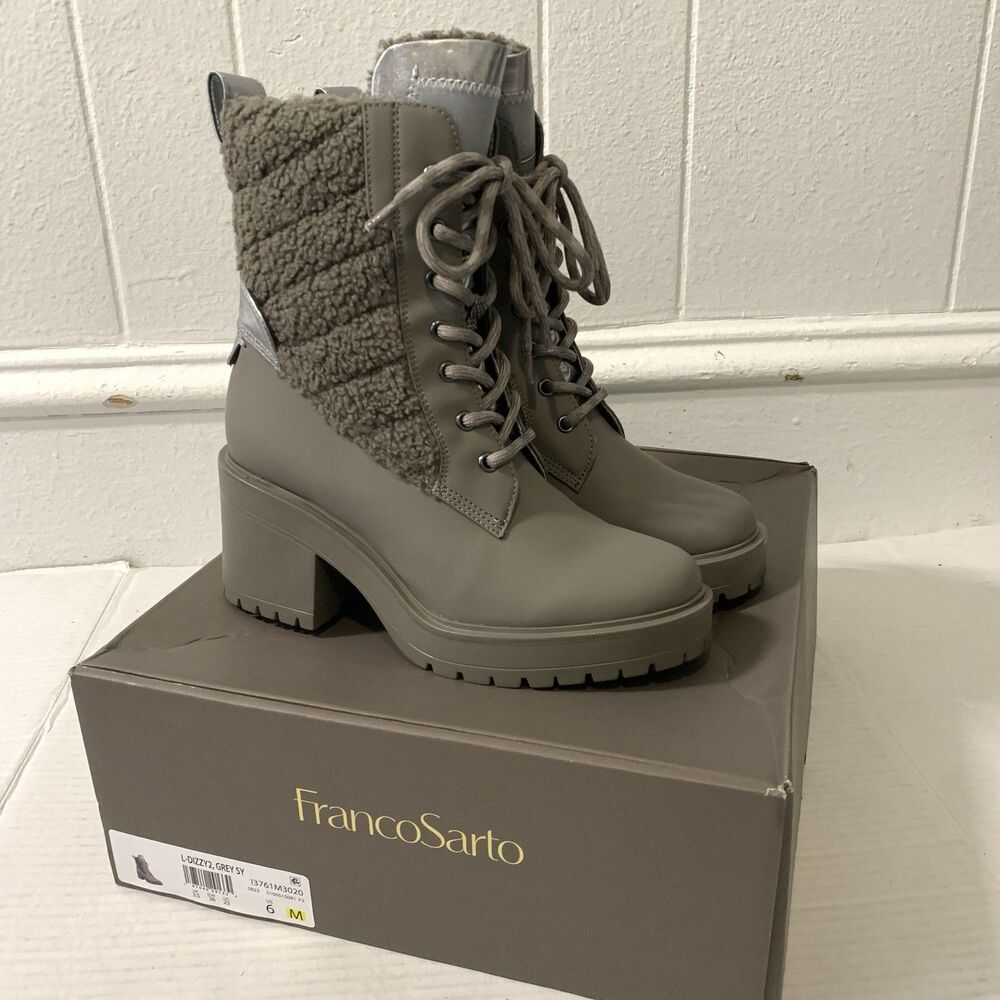 Franco Sarto Women's 6 Dizzy Boots Grey Sherpa Lace Zip Block Heel NEW